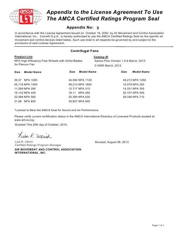 NPA Series AMCA certificate