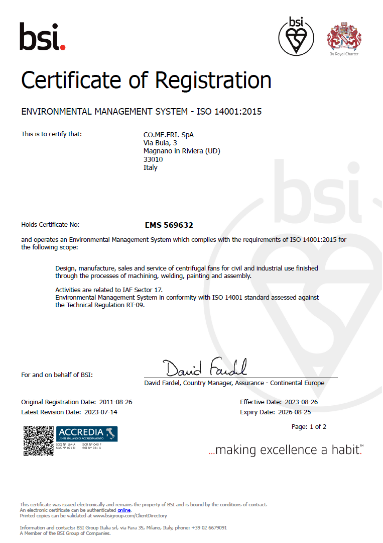 ISO 14001 Comefri certificate pg1