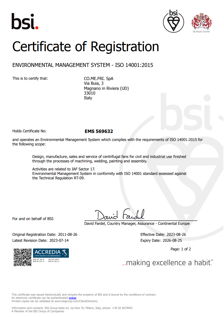 ISO 14001 Comefri certificate pg1