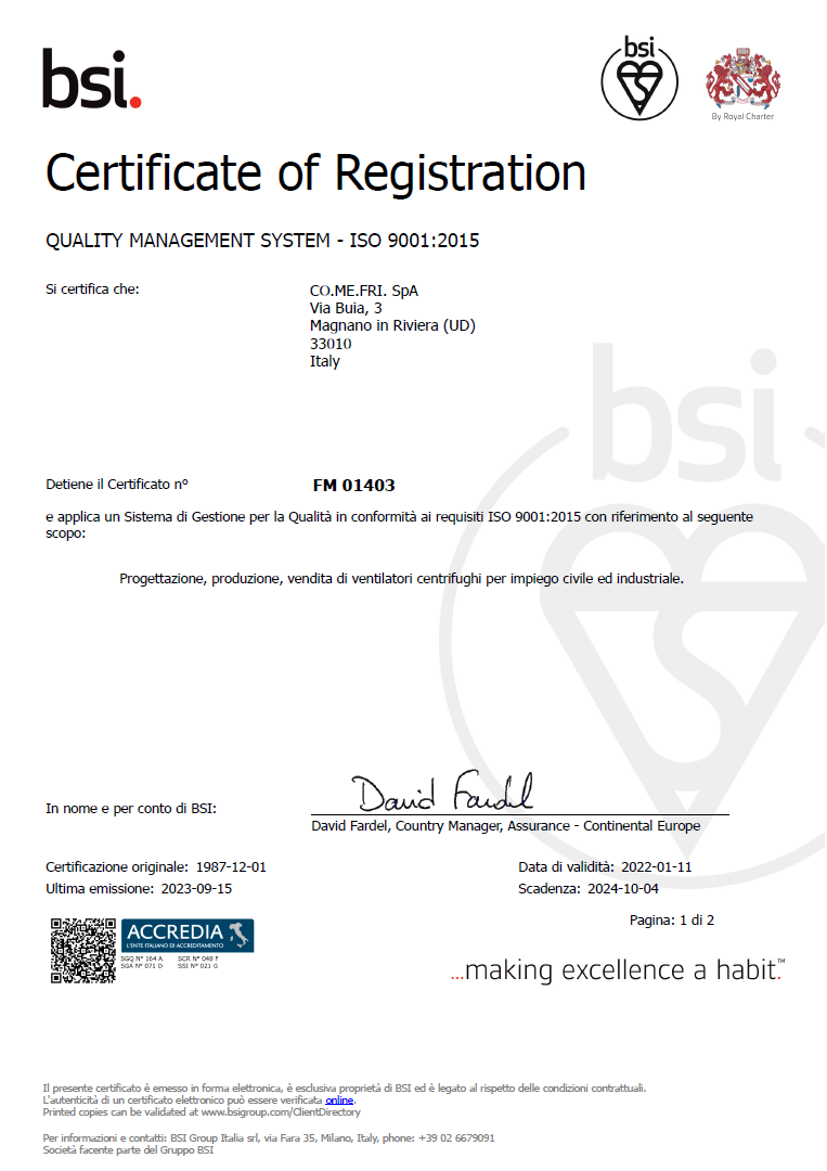 ISO 9001 Comefri certificate pg1