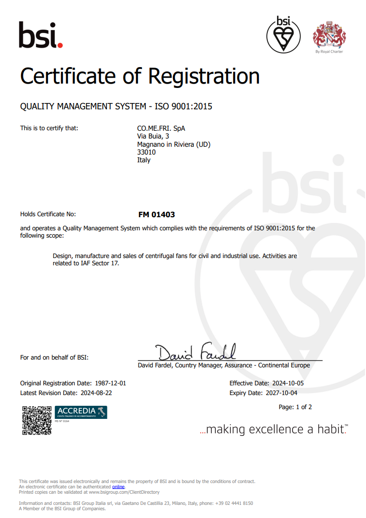 ISO 9001 Comefri certificate pg1