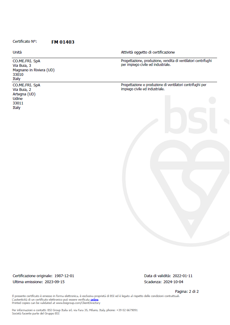 ISO 9001 Comefri certificate pg2