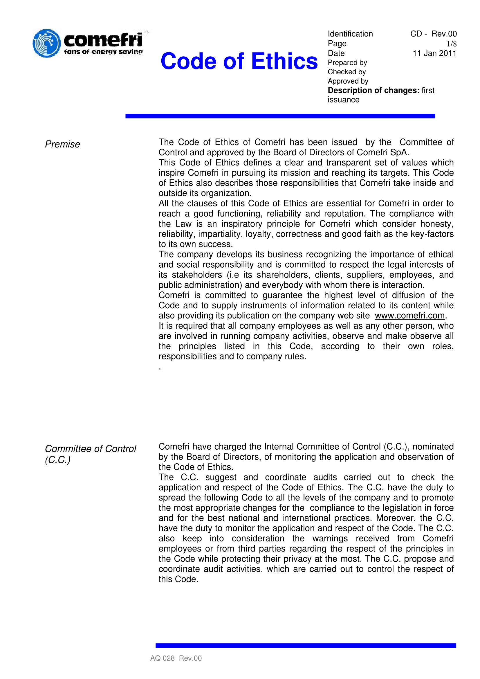 Comefri Ethic code page 1